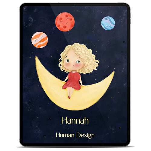 [en] Tablet showing the cover of a Human Design Reading for children as an e-book, illustrated girl sitting on a crescent moon surrounded by smiling planets, with the personalized name
