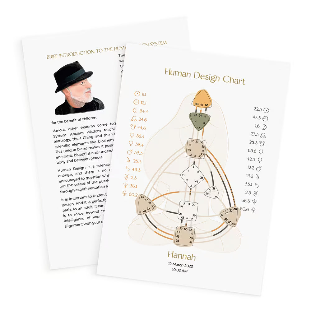 [en] Two pages from the Human Design Reading for children as a PDF download, an introduction page with text and illustration and the personalized Human Design chart with name and birth data