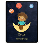 [en] Human Design Children's E-Book cover on a tablet, boy with brown messy hair sitting on a golden crescent moon
