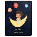 [en] Cover of the Human Design children's e-book on a tablet, red-haired boy with glasses sitting on a golden crescent moon