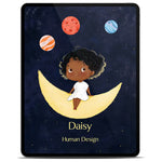 [en] Cover of the Human Design Children's E-Book on a tablet, dark-skinned girl with black hair sitting on a golden crescent moon