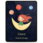 [en] Cover of the Human Design children's e-book on a tablet, girl with long red hair blowing in the wind sitting on a golden crescent moon