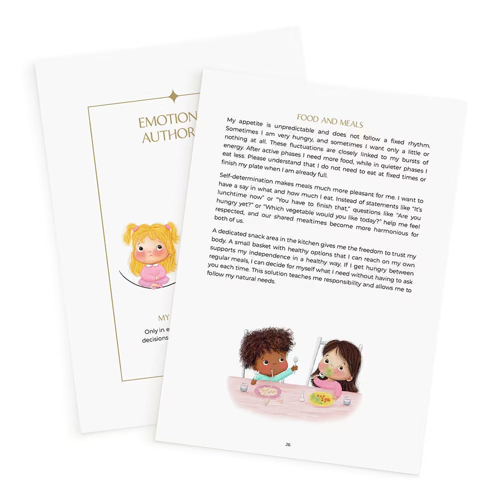 [en] Sample pages from the Human Design Reading for children as a PDF download on the topic of meals and nutrition with child illustration