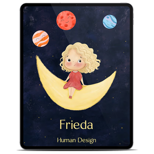 Tablet mit dem Cover eines Human Design Reading für Kinder als E-Book, illustriertes Mädchen sitzt auf einer Mondsichel umgeben von lächelnden Planeten, mit dem personalisierten Namen