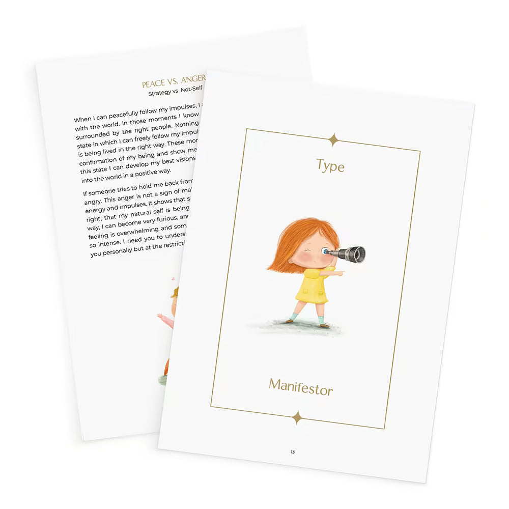 [en] two pages from the Human Design Reading for children as a PDF download with content about the Human Design type and child illustration